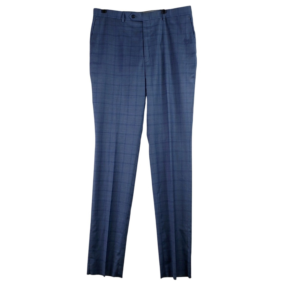 Hart Schaffner Marx Wool Dress Pants Mens 36R Blue Plaid Business Raw Hem
